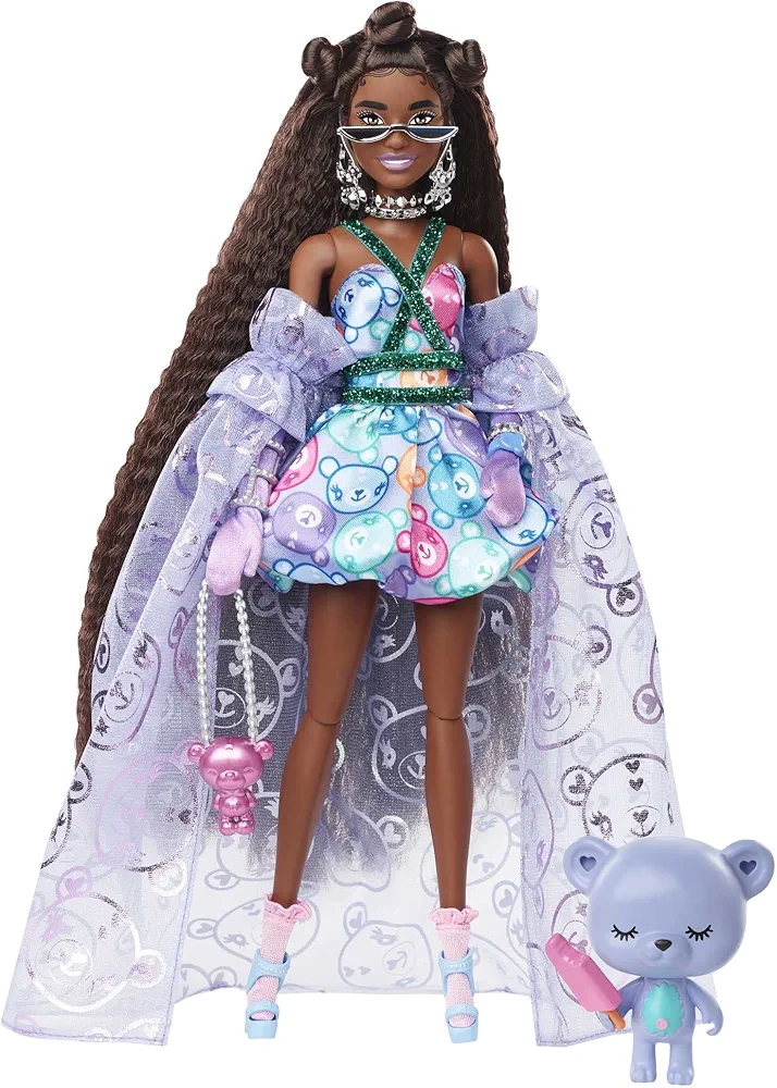 Barbie Extra Fancy Fashion Doll & Accessories Dressed in a Teddy-Print Gown with Sheer Train, Plus Teddy Bear Pet