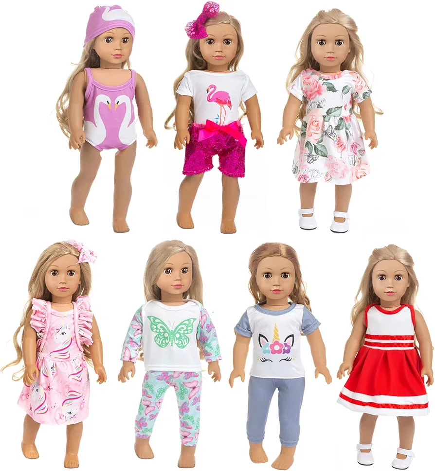 ZQDOLL American 18 inch Doll Clothes and Accessories,7 Outfits , Fits 18 inch Dolls, Birthday Gifts