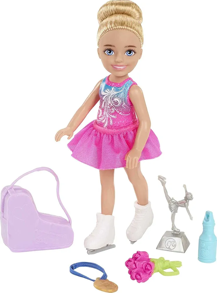 Barbie Chelsea Can Be Doll & Playset, Blonde Ice Skater Small Doll with Removable Outfit & 6 Career Accessories