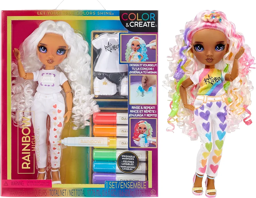 Rainbow High Color & Create Fashion DIY Doll with Washable Rainbow Markers, Purple Eyes, Curly Hair, Bonus Top & Shoes. Color, Create, Play, Rinse and Repeat. Creative 4-12+