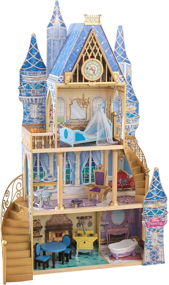 KidKraft Disney® Princess Cinderella Royal Dream Wooden Castle Dollhouse, Over 4 Feet Tall with 12 Pieces, Blue, Gift for Ages 3+