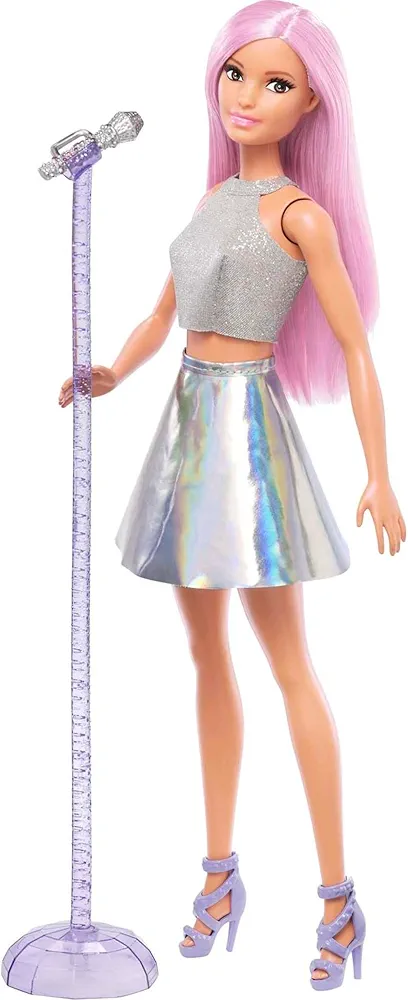 Barbie Careers Fashion Doll & Accessory, Pop Star with Pink Hair & Brown Eyes Wearing Iridescent Skirt with Microphone