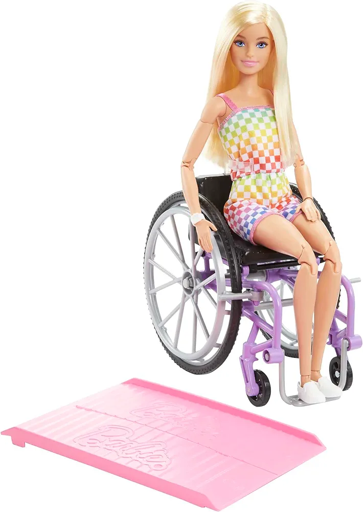 Barbie Fashionistas Doll #194 with Wheelchair & Ramp, Straight Blonde Hair & Rainbow Romper with Accessories