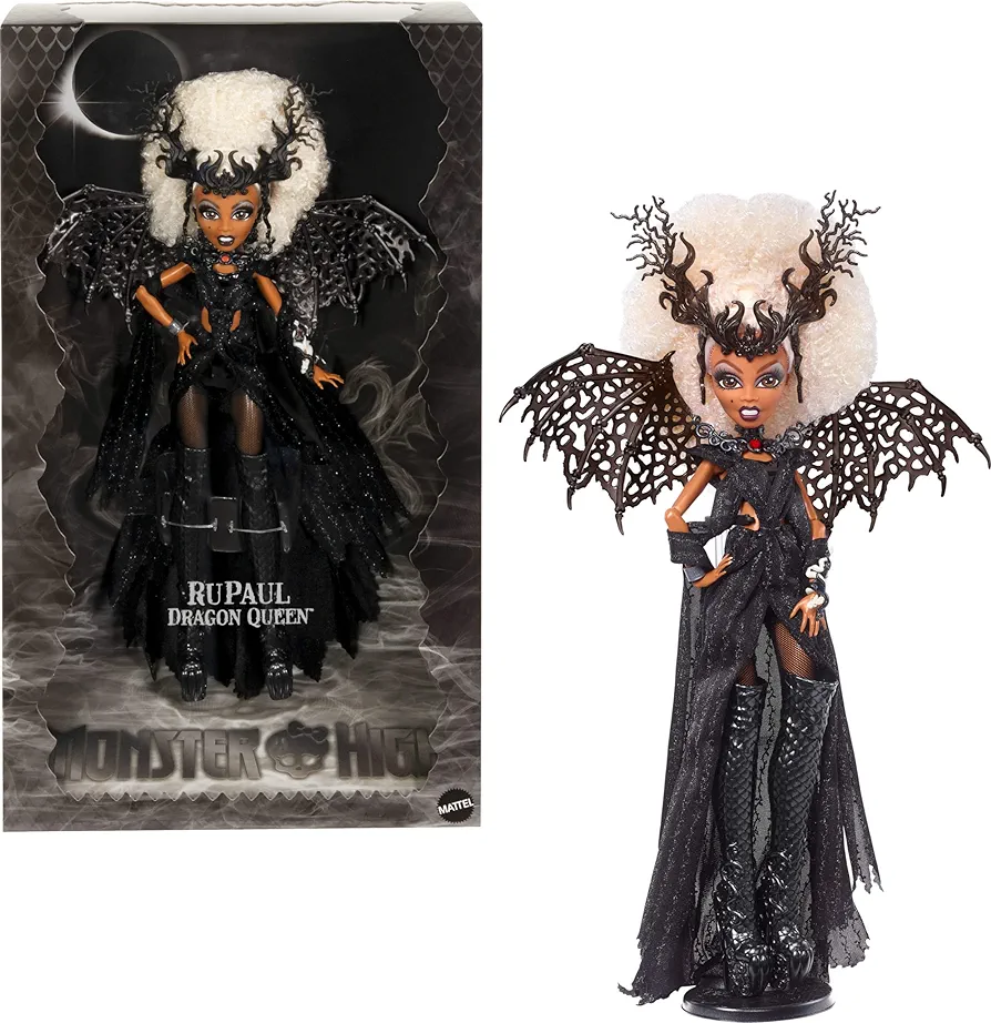 Monster High RuPaul Doll, Dragon Queen Collectible with Glimmering Black Gown, Knee-High Boots, Wings and Premium Packaging