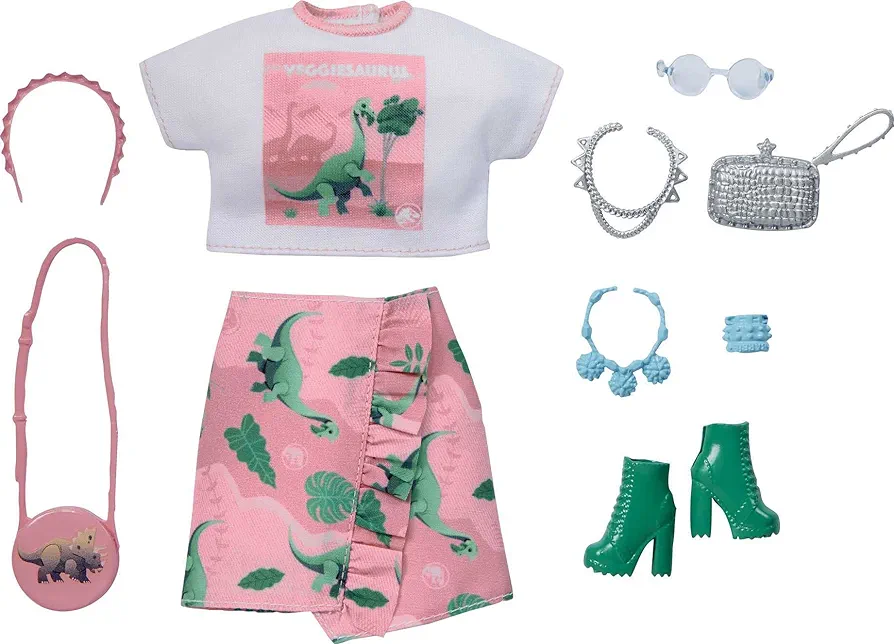 Barbie Fashion Pack of Doll Clothes Inspired by Jurassic World, Collectible Set Includes Crop Top & Skirt with Dinosaur Theme & 8 Accessories