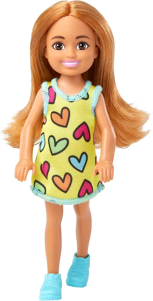 Barbie Chelsea Small Doll in Yellow Heart-Print Dress & Blue Sneakers with Blonde Ponytail & Blue Eyes