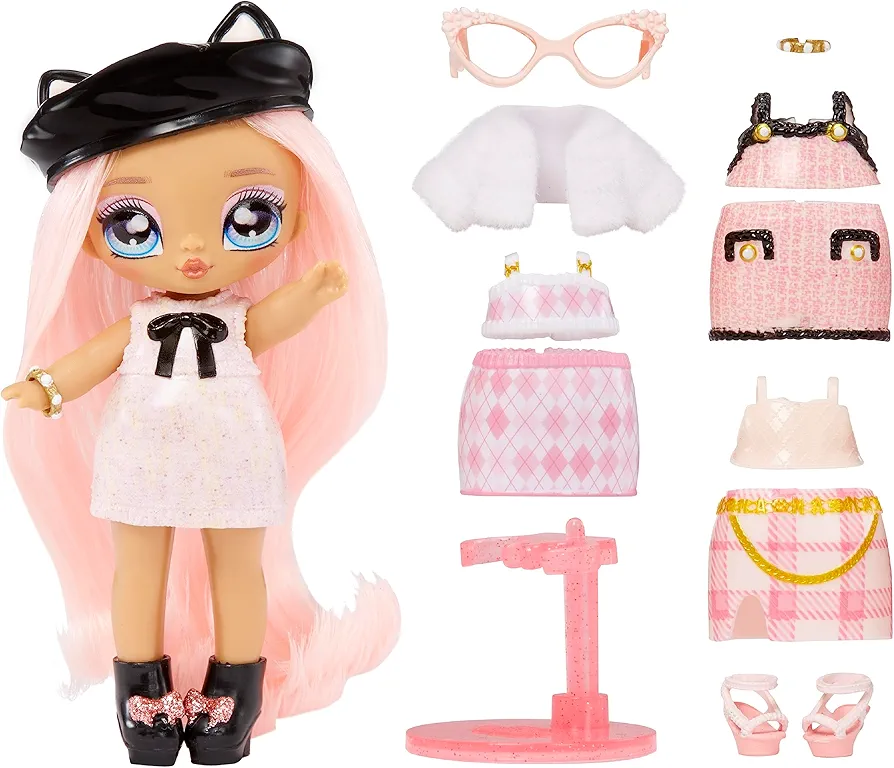 Na! Na! Na! Surprise Mini Ultimate Surprise Kitty Katwood 4" Mini Fashion Doll Kitty Inspired w/ 10 Mystery Fashions, Balloon Popping Confetti Surprises, Poseable,Toy Girls Boys Ages 4 5 6 7 8+