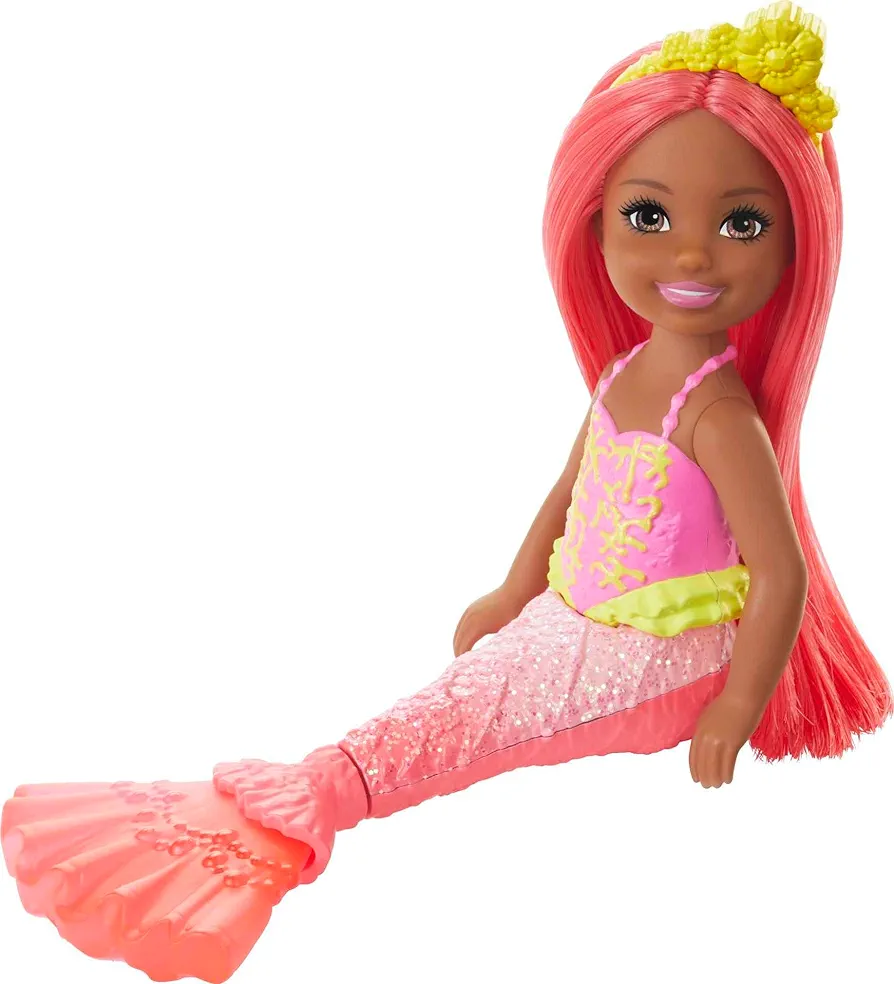 Barbie Dreamtopia Chelsea Mermaid Doll with Coral-Colored Hair & Tail, Royal Headband Accessory, Small Doll Bends at Waist