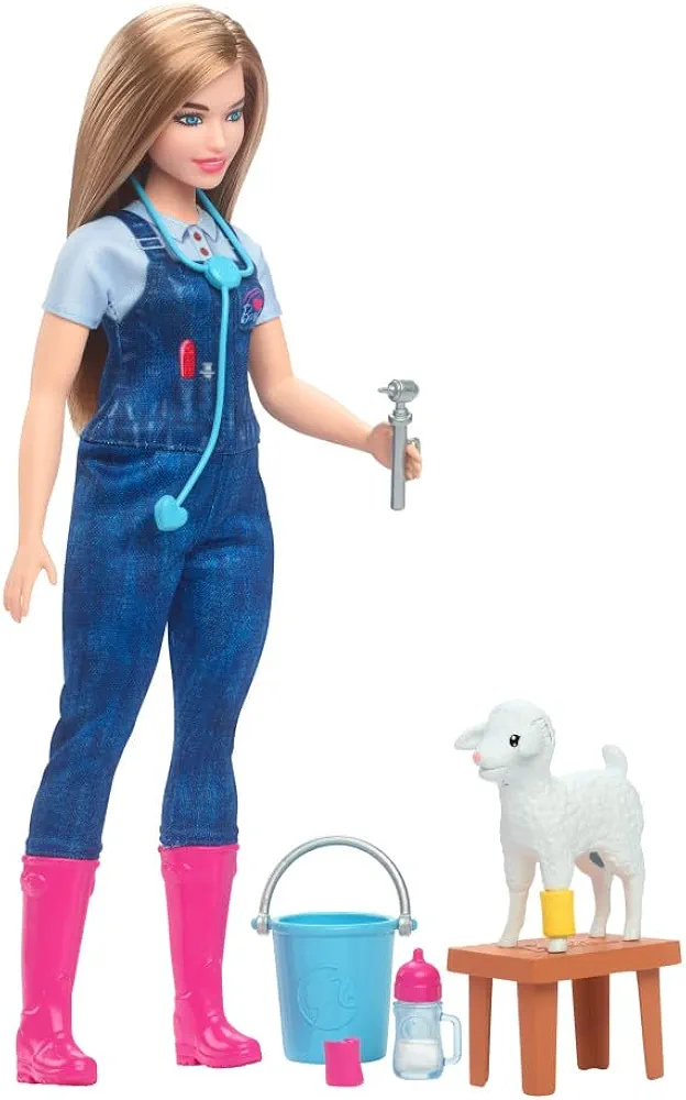 Barbie Careers Playset, 65th Anniversary Farm Veterinarian Set with Blonde Vet Fashion Doll & 10 Accessories Including Lamb with Moving Ears