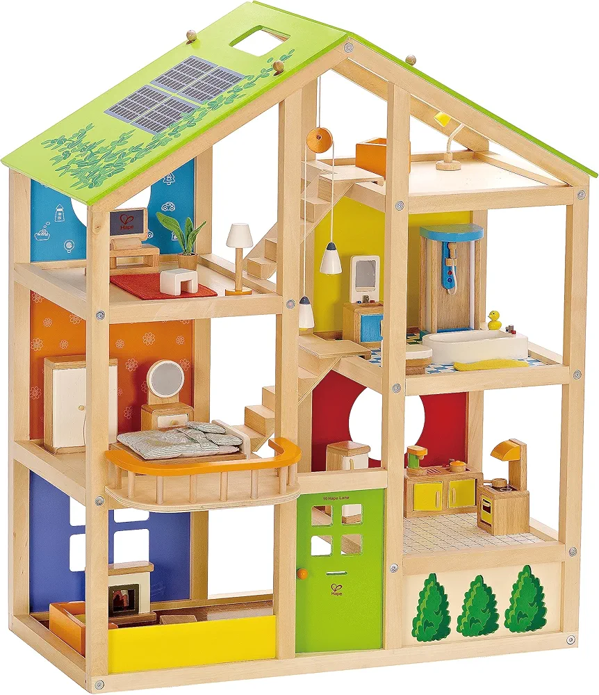 All Seasons Kids Wooden Dollhouse by Hape | Award Winning 3 Story Dolls House Toy with Furniture, Accessories, Movable Stairs and Reversible Season Theme L: 23.6, W: 11.8, H: 28.9 inch