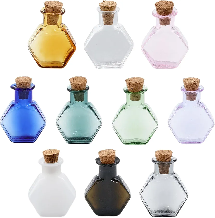 CHGCRAFT 10Colors Hexagon Mini Glass Bottles Dollhouse Miniature Glass Cork Bottles Glass Empty Wishing Bottles for Doll House Decoration, Mixed Color