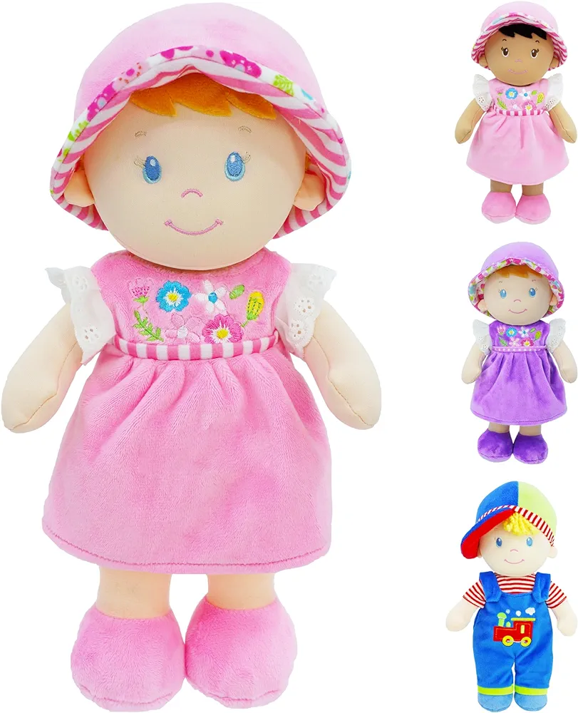 June Garden 12" Soft Dolly Emilia - Stuffed Soft Baby Doll Gift for 1 2 3 Year Old Girls - Pink Dress