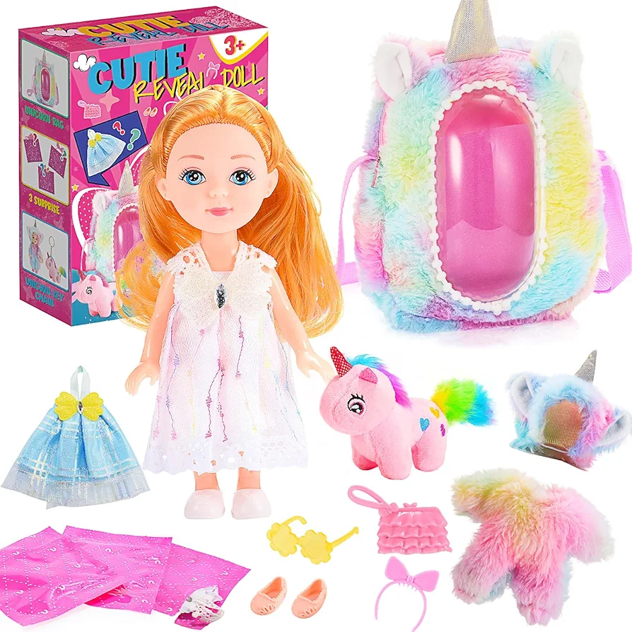 Reveal Doll for 3 4 5 6 Year Old Girl, Toddler Dress Up Barbi Dolls for Little Girl Gifts, Princess Doll Toys Includes Doll & Accessories, Unicorn Keychain for 3-5 4-6 Girl Birthday Gift