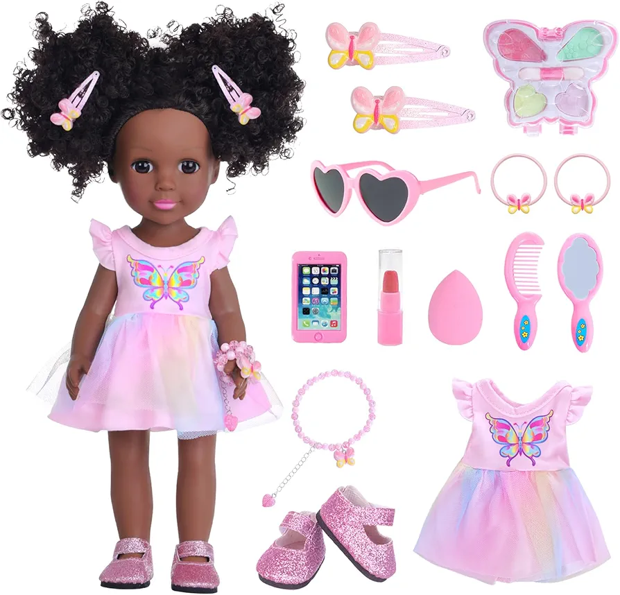 14.5 Inch Black Doll and Baby Doll Clothes and Accessories ,Including Phone Sunglasses Shoes Makeup Accessories and Butterfly Theme Dress Best Gift for Girls Kids