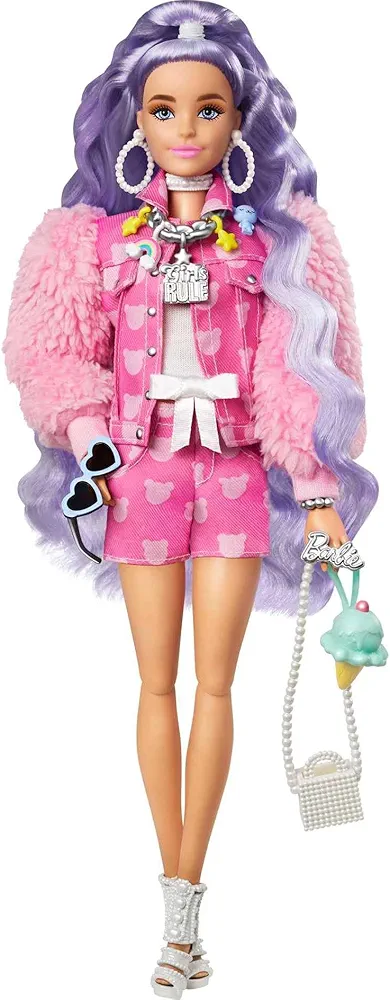 Barbie Extra Doll & Accessories with Long Periwinkle Hair, Teddy Bear-Print Denim Jacket, Matching Shorts & Pet Puppy