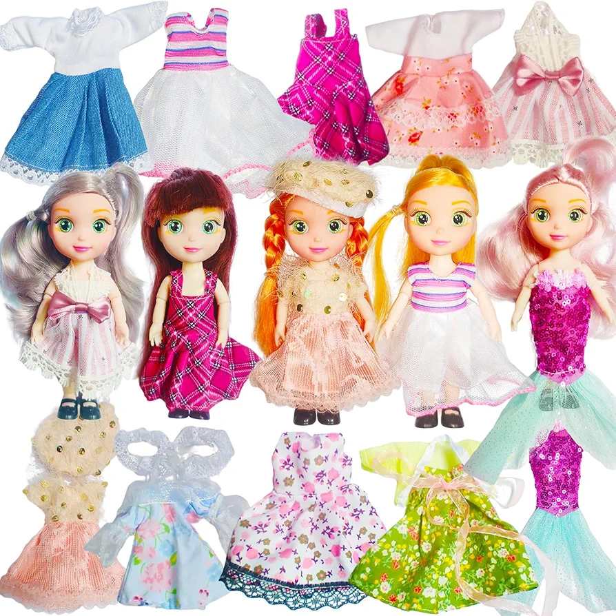 6.3" Mini Girl Dolls, Include 10 sets Handmade Doll Clothes, 5 sets 6.3" small Girl Dolls, 5 Pairs of Shoes