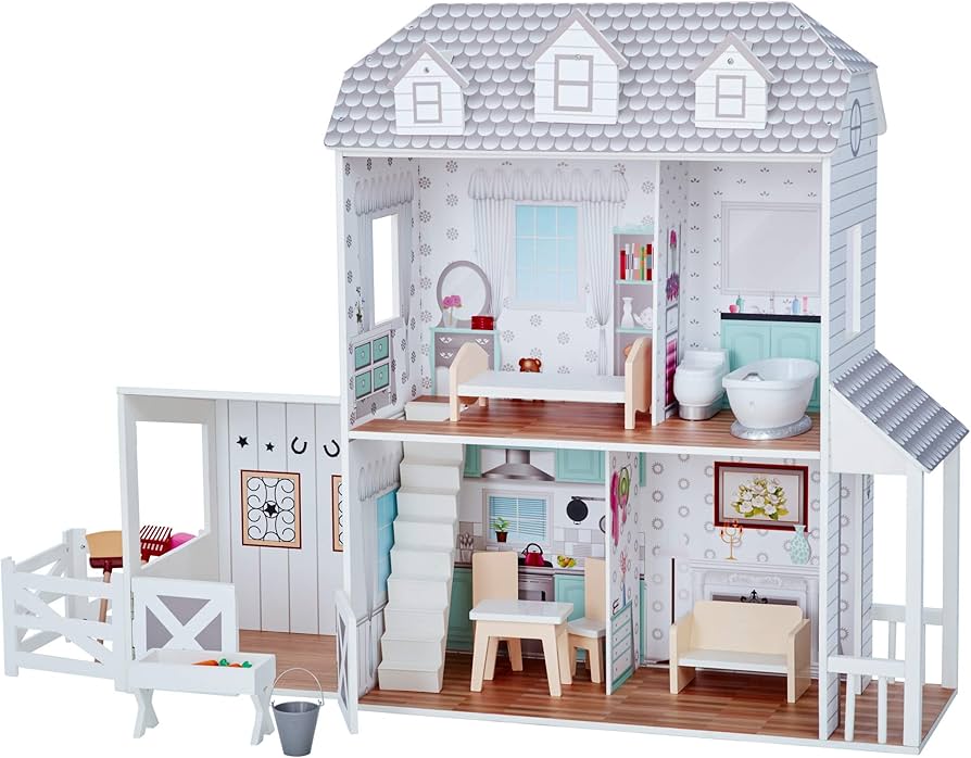 Teamson Kids - Dreamland Farm House Wooden Pretend Play Doll House Dollhouse For 12" Doll with 14 Pieces of Furniture - White / Gray