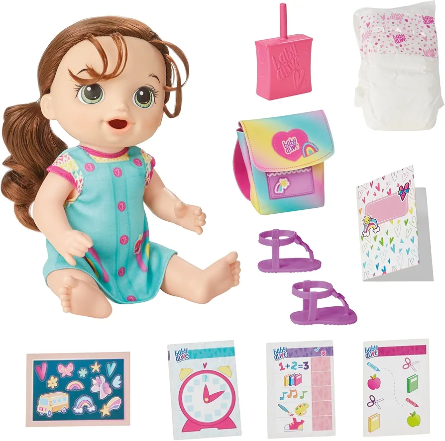 Baby Alive Time for School Baby Doll Set, 12 Inch, Back to School Toys for Girls & Boys, Brown Hair, Preschool Gifts for Kids, Ages 3+ (Amazon Exclusive)