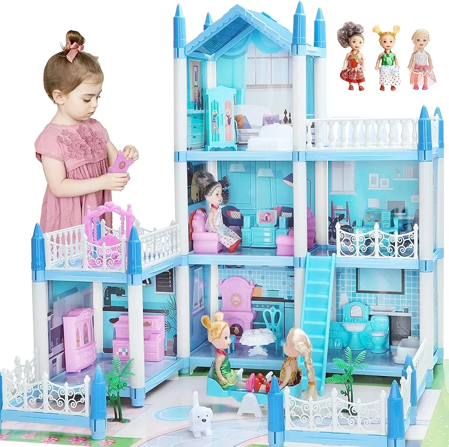 Doll House for Girls 3 4 5 6 7 8 Year Old - 3-Story 6 Rooms Dollhouse with 3 Dolls Light Accessories Furniture and Play Mat, DIY Pretend Dream Dollhouse Toy Gift for Kids (20.5'' x 16'' x 18.7'')