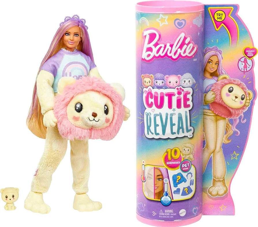 Barbie Cutie Reveal Doll with Blonde Hair & Lion Plush Costume, 10 Suprises Include Accessories & Pet (Styles May Vary)