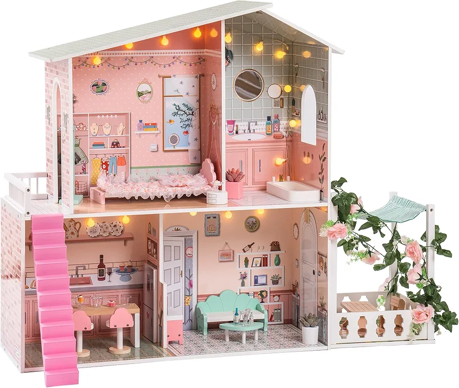 ROBUD Doll House, Wooden Dollhouse for Kids Toddler with Garden, Ladder, 25pcs Realistic Accessories, Gift for 3+ Years Old Girls Boys, Pink