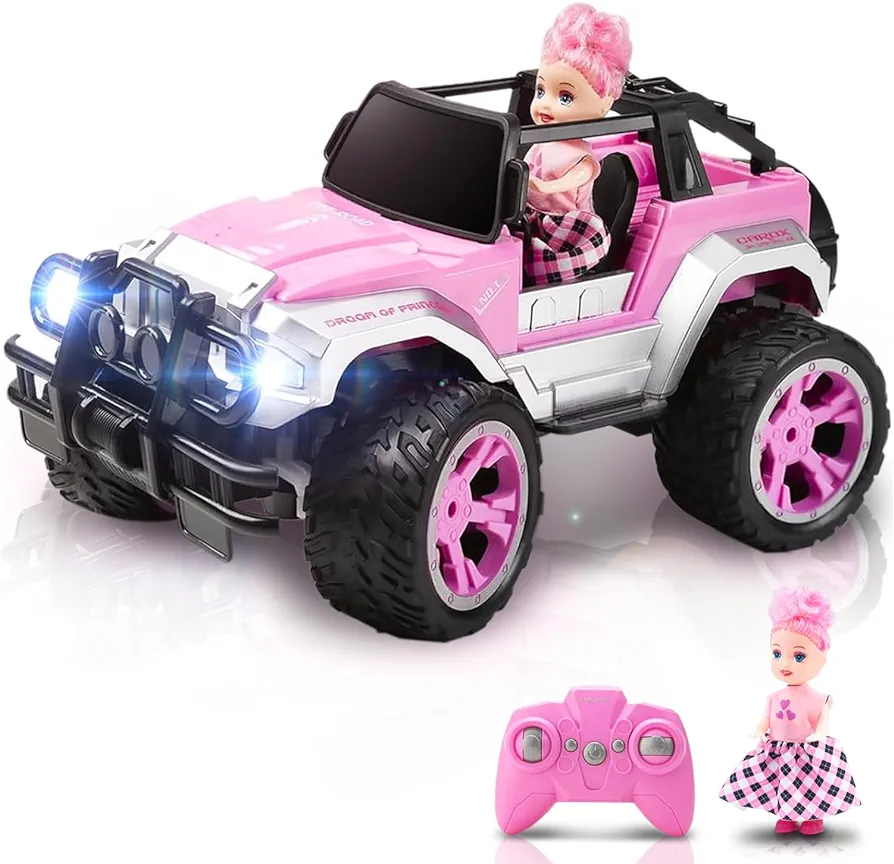 Remote Control Car for Girls, 160 mins Pink RC Car with Doll and Sticker, 1:16 Scale RC Convertible Truck with Rechargeable Batteries, Birthday for Ages 4-12 Years Girls (pink)