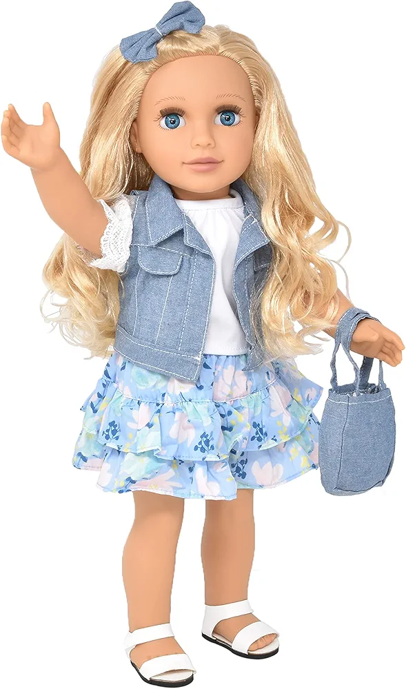 Gift Boutique 18 Inch Girl Doll, Fashion Doll with Fine Blond Long Hair for Styling, Blue Eyes, Floral Outfit Denim Jacket Sandals Boots Hair Bow Handbag, Doll Clothes & Accessories for Girls and Kids