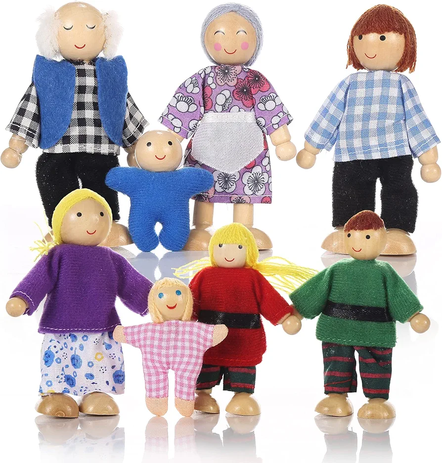 Wooden Doll House Family of 8 Little Figures, Cute Dollhouse People for Girls Toddlers