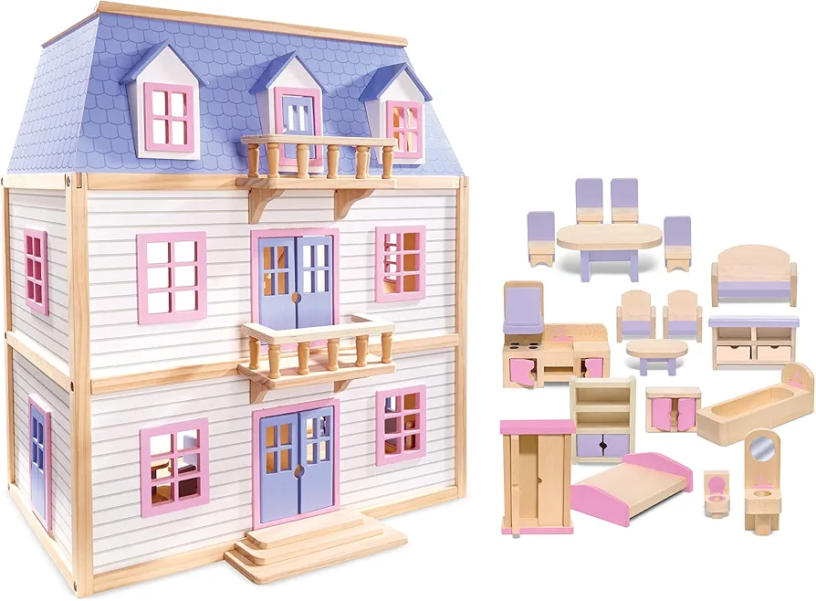 Melissa & Doug Wooden Multi-Level Dollhouse SIOC - Wooden Multi-Story Pretend Play Dollhouse For Kids