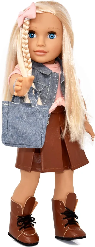 Gift Boutique 18 Inch Girl Doll, Fashion Doll with Fine Blonde Long Hair for Styling, Blue Eyes, Leather Boots, Denim Jacket Hair Bow Handbag, Doll Clothes and Accessories Princess Doll for Kids