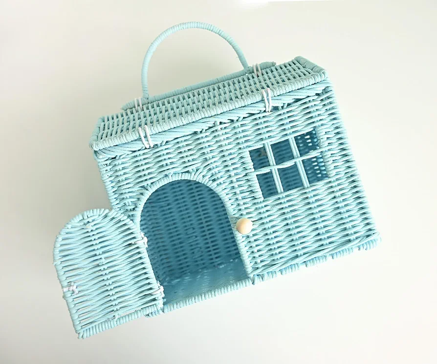 Rool Rattan House Shaped Basket Wicker Small Dollhouse Gift for Girls, Boho Toys, Mouse in a Box House, Little Girl Purse Clutch, Doll Carrier (Blue)