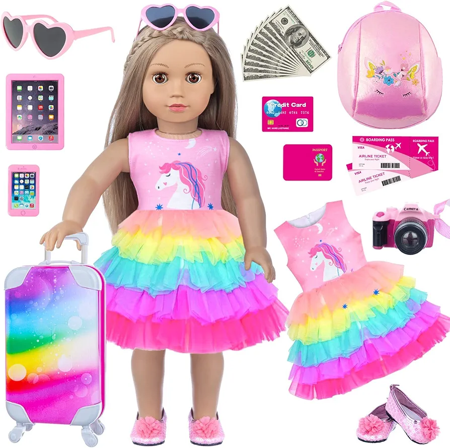 Doll Clothes and Accessories Travel Suitcase Playset for 18 Inch Girl Doll with Dolls Clothes, Backpack, Camera, Ipad, Phone, Sunglasses, Shoes, Gift for 3 to 7 Year Olds