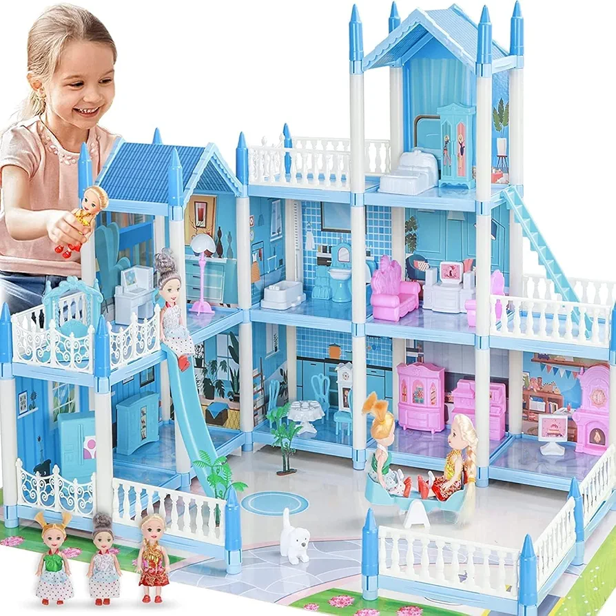 Big Doll House for Kids Ages 3 4 5 6 7 8, 3-Story 9 Rooms Princess Dream House Toys with 3 Doll & Doll Furnitures, DIY Dollhouse with Light Strip