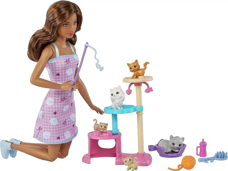 Barbie Kitty Condo Doll & Pets, Cat Tree Toy Playset with 5 Kitten Figures & Accessories, Brunette Fashion Doll