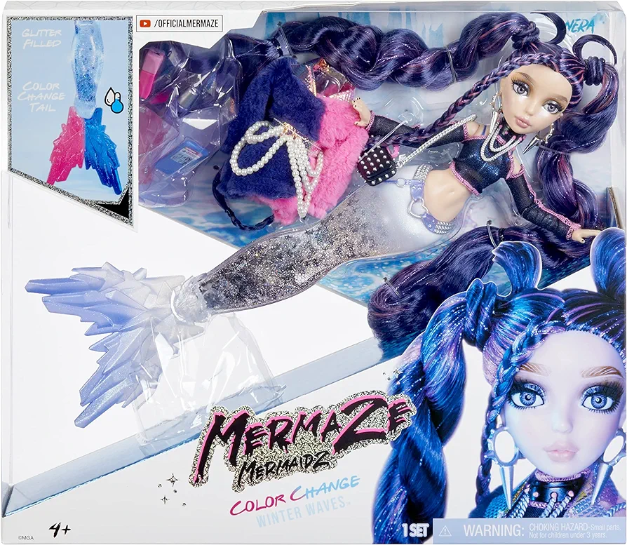 MERMAZE MERMAIDZ™ Winter Waves Nera™ Mermaid Fashion Doll with Color Change Fin, Glitter-Filled Tail and Accessories