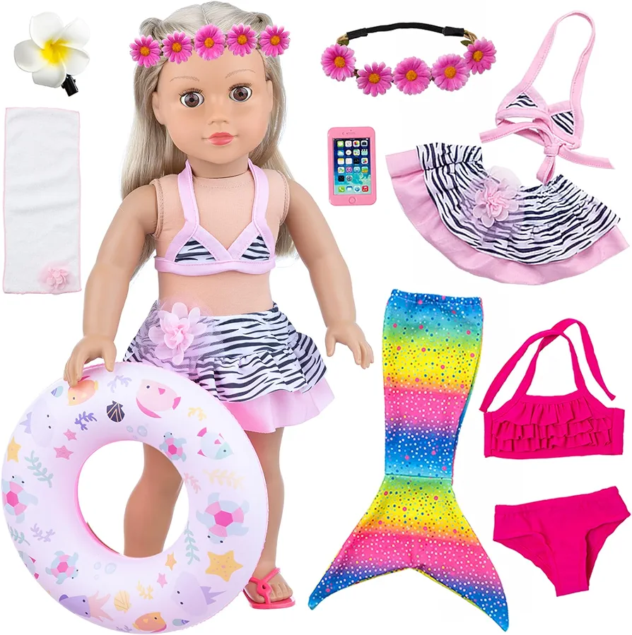 UNICORN ELEMENT 11 Pcs 18 Inch Girl Doll Clothes and Accessories Set Including Colorful Mermaid Swimsuits, Mobile Phone, Hairpin, Swimming Circle Randomly Send a Bag or Not.