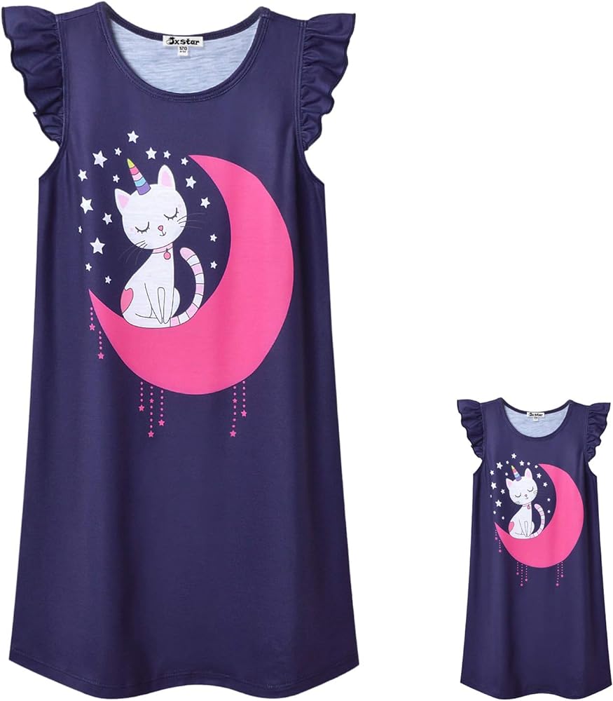 Jxstar Matching Girls&Doll Nightgowns Pajamas Princess Sleepwear Flutter Sleeve Night Dresses