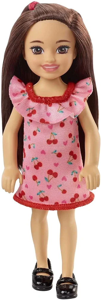 Barbie Chelsea Doll (Brunette) Wearing Ruffled Cherry-Print Dress and Black Shoes, Toy for Kids Ages 3 Years Old & Up