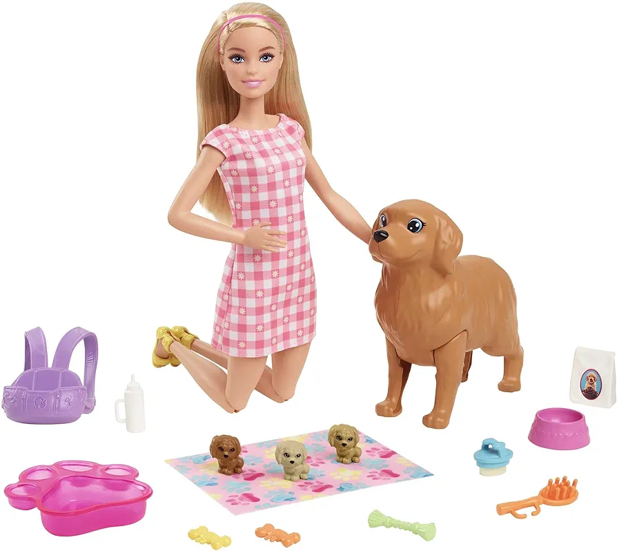 Barbie Doll & Pets, Blonde Doll with Mommy Dog, 3 Newborn Puppies with Color-Change Feature & Pet Accessories