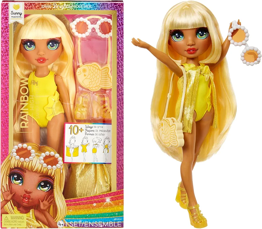 Rainbow High Swim & Style Sunny - Yellow 11" Blonde Fashion Doll with Shimmery Wrap to Style 10+ Ways, Swimsuit, Sandals, Fun Play Accessories, Great Toy Gift for Girls Ages 4-12 Years