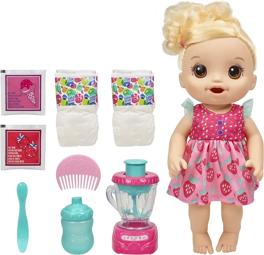 Baby Alive Magical Mixer Baby Doll, Strawberry Shake, Doll with Toy Blender, Baby Doll Set for Kids 3 and Up, Blonde Hair