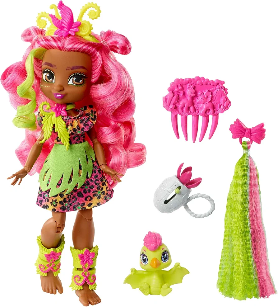 Mattel Cave Club Fernessa Doll (8-10-inch, Pink Hair) Poseable Prehistoric Fashion Doll with Dinosaur Pet and Accessories, Gift for 4 Year Olds and Up