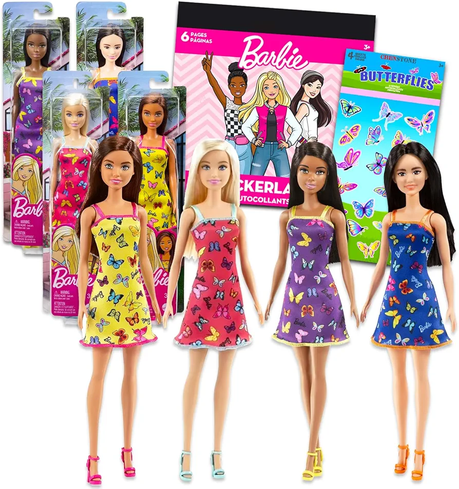 Barbie Doll Set of 4 - Barbie Playset Bundle with 4 Barbie Dolls in Butterfly Dresses for Girls Plus Stickers | Barbie Dolls for Girls 6-12