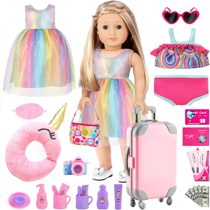 GIFTINBOX 29PCS 18 Inch Girl Doll Clothes and Accessories-Travel Play Set for Dolls, Doll Stuff with Clothes, Luggage, Swimsuit, Wallet cashes... Gifts for Girls Birthday, Christmas