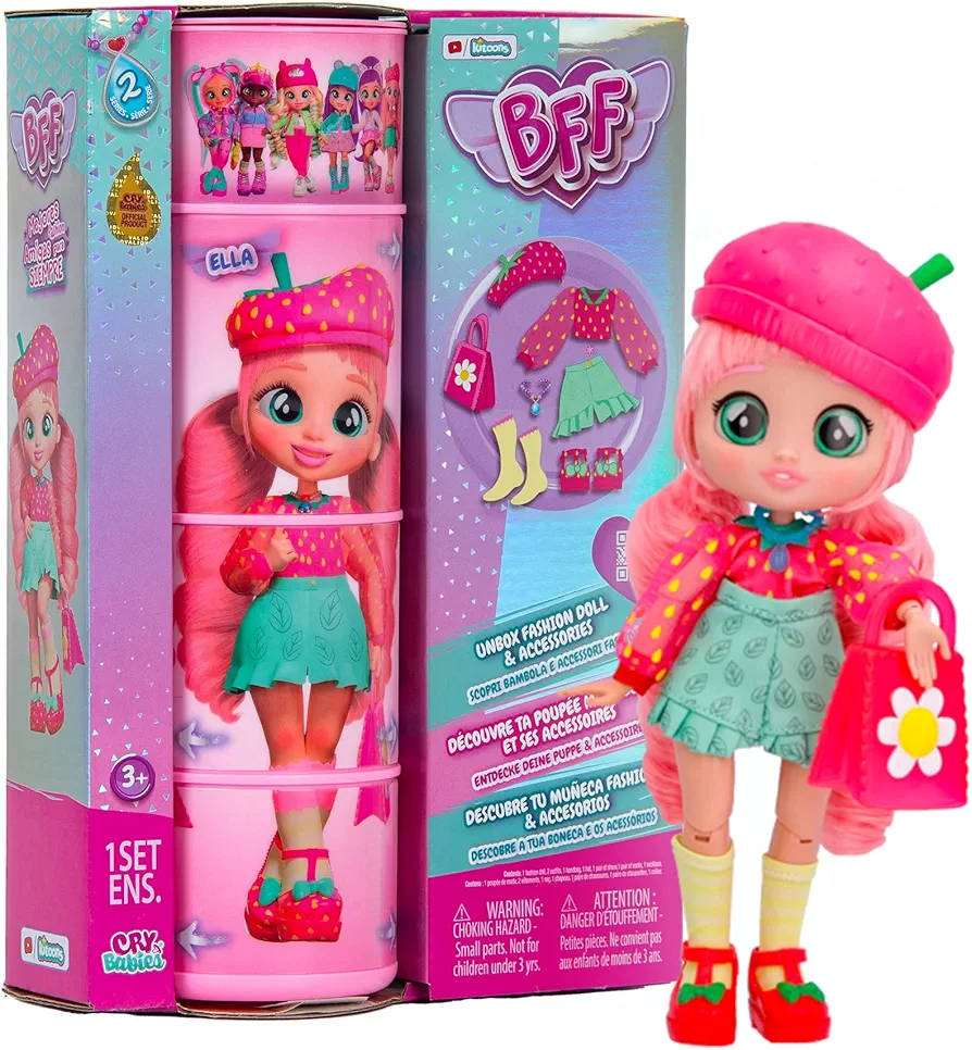 Cry Babies BFF Ella Fashion Doll with 9+ Surprises including Outfit and Accessories for Fashion Toy, Girls and Boys Ages 4 and Up, 7.8 Inch Doll, Multicolor