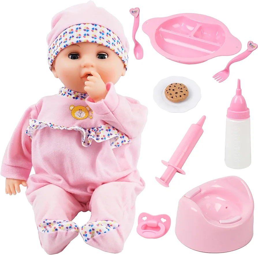 Toy Choi's 16 Inch Interactive Baby Doll Pink - Talking Feeding Dolls with Different Sounds and Accessories, Pretend Play Preschool Toys Gift for Toddlers 2 3 4 5+ Year Old Girls Boys