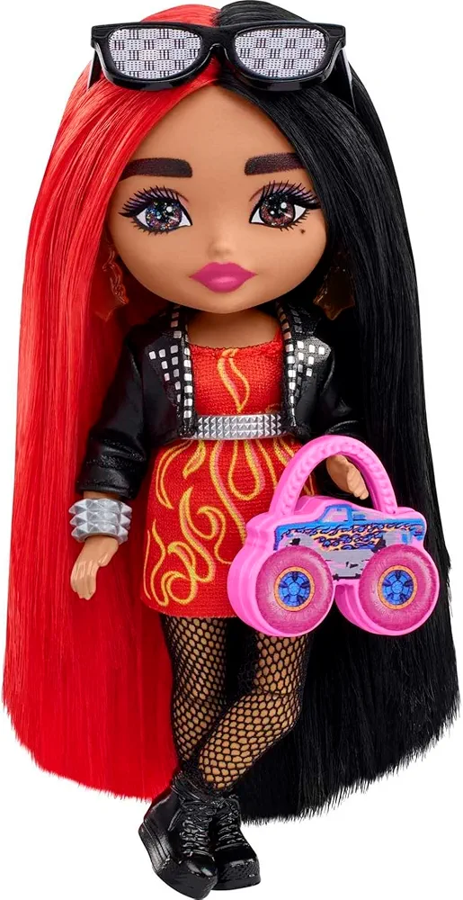 Barbie Extra Minis Doll & Accessories with Red & Black Hair Wearing Flame-Print Dress & Moto Jacket, 5.5-inch