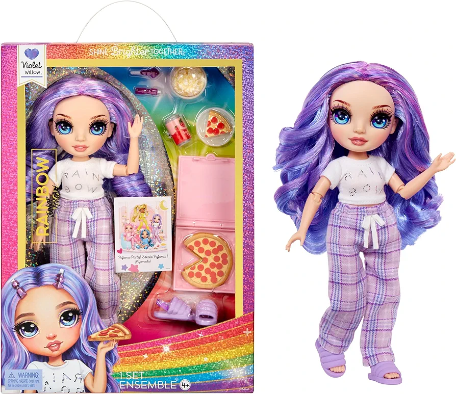 Rainbow High Jr High PJ Party - Violet, Purple 9" Posable Fashion Doll with Soft Onesie, Slippers, Fun Play Accessories, Great Toy Gift for Girls Kids Ages 4-12 Years