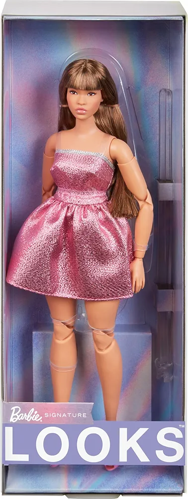 Barbie Looks Doll, Collectible No. 24 with Brown Hair & Modern Y2K Fashion, Shimmery Pink Strapless Dress with Peep-Toe Heels