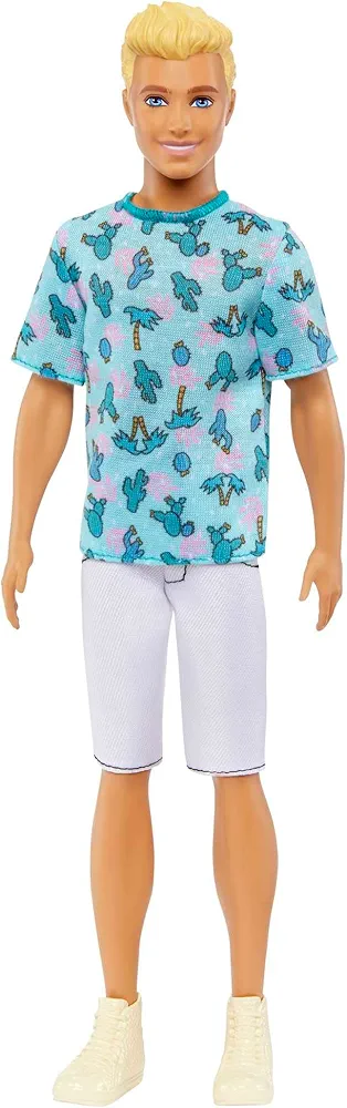 Barbie Fashionistas Ken Fashion Doll #211 with Blonde Hair Wearing Removable Blue Cactus Tee, White Shorts & Sneakers